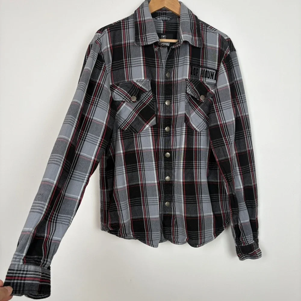 Top Mount Mens Full Zip Snap Grappler Flannel Shirt Size L Black Red Plaid Biker